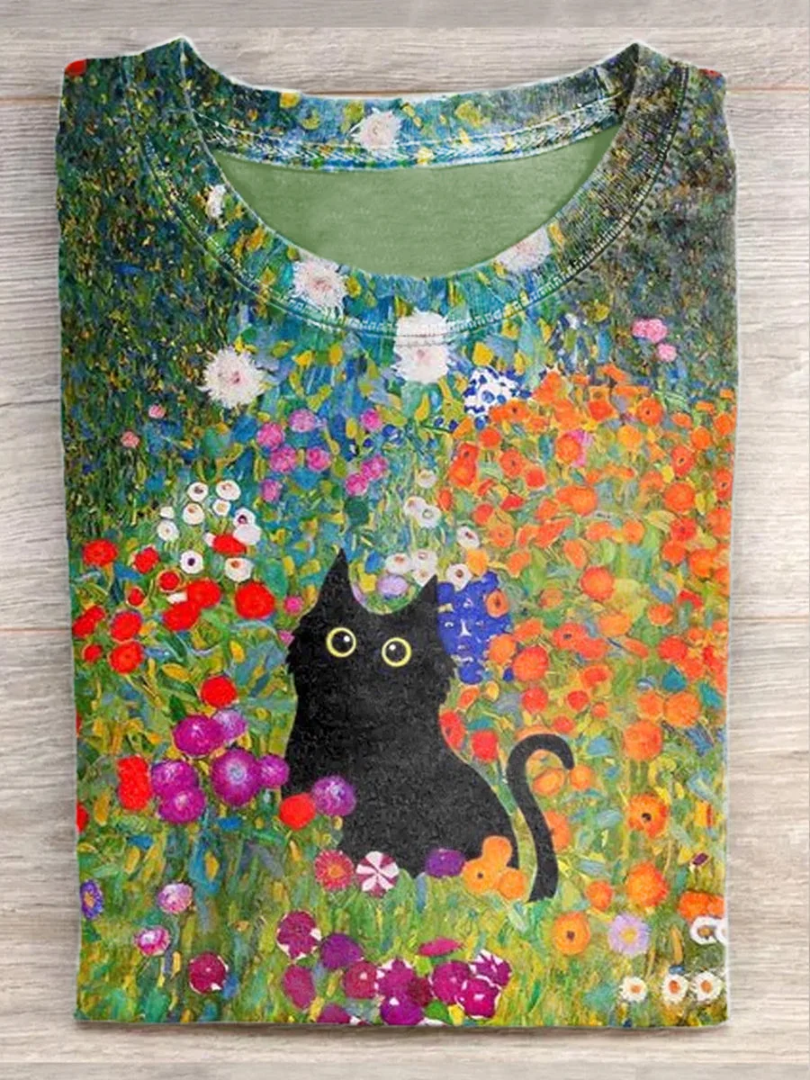 Floral Cat Print Casual Short Sleeve T-Shirt