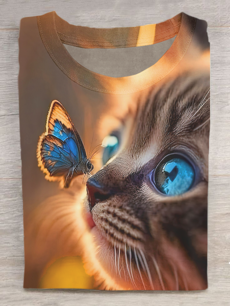 Kitten And Butterfly Art Print Casual Short Sleeve T-shirt