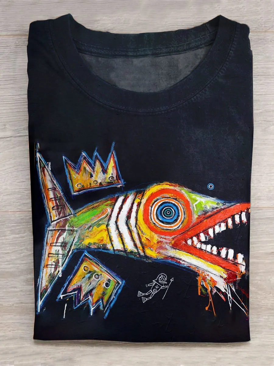 Abstract Fish Vintage Art Print Casual Short Sleeve T-shirt