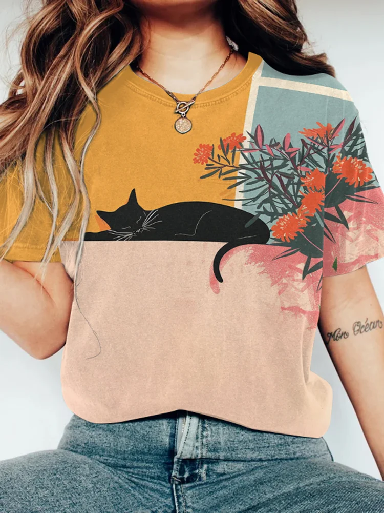 Abstract Creative Black Cat Lying On The Windowsill Painting Art T-Shirt