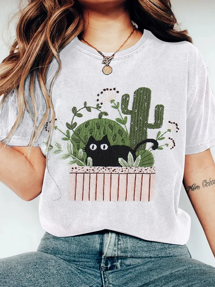 Abstract Creative Cactus And Black Cat Embroidery Pattern Drawing Art T-Shirt
