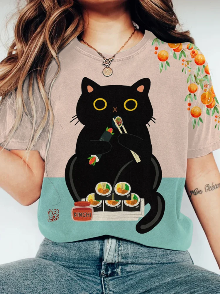 Abstract Creative Cute Black Cat Love Sushi Painting Art T-Shirt