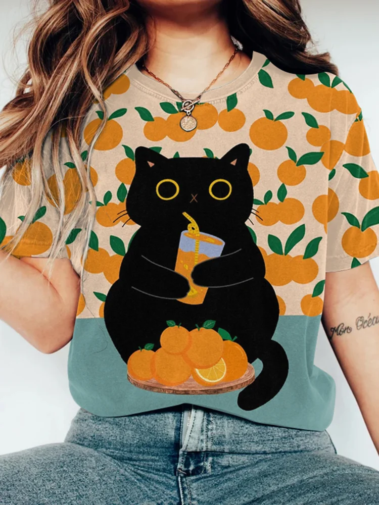 Abstract Creative Cute Black Cat Love Orange Juice Painting Art T-Shirt