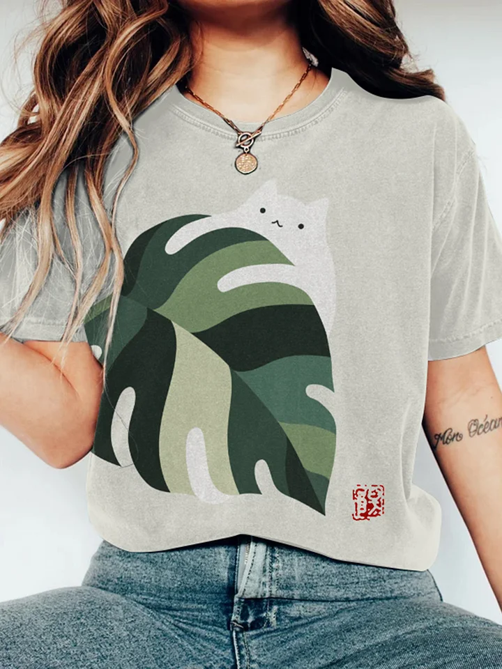 Abstract Creative Cute Cat And Plant Painting Art T-Shirt