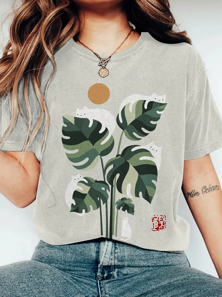 Abstract Creative Cute Cat And Plant Sun Painting Art T-Shirt