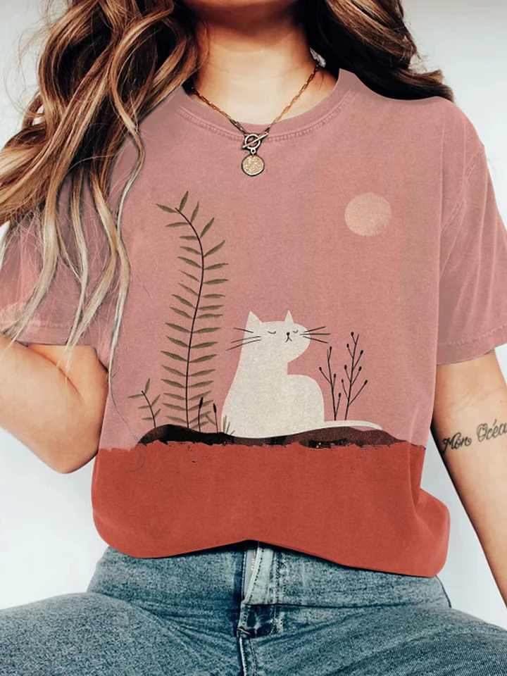 Abstract Creative Cute Cat Basking In The Sun Pattern Drawing Print Art T-Shirt