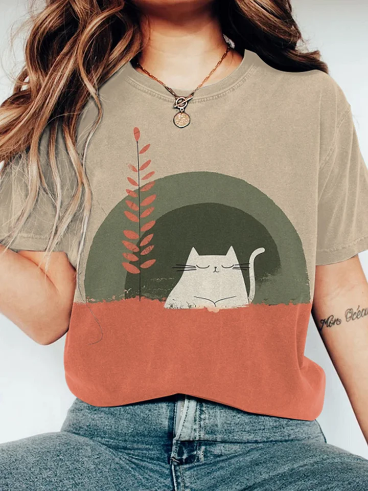 Abstract Creative Cute Cat Pattern Drawing Print Art T-Shirt