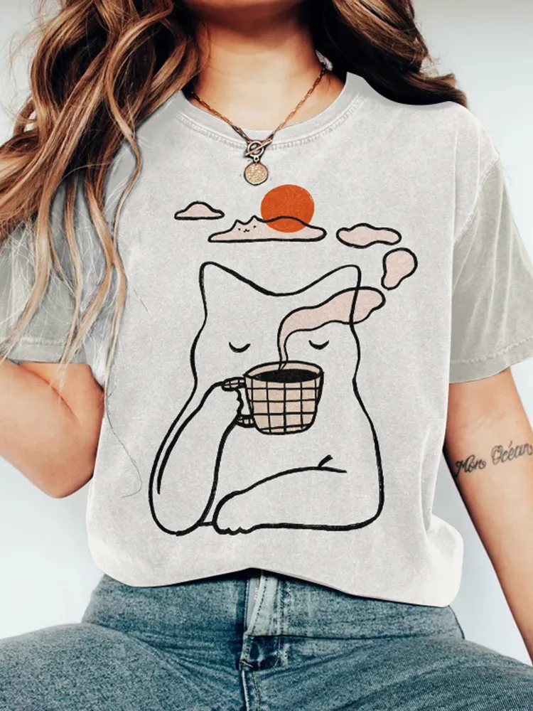 Abstract Creative Cute Lazy Cat Drinking Coffee Painting Art T-shirt
