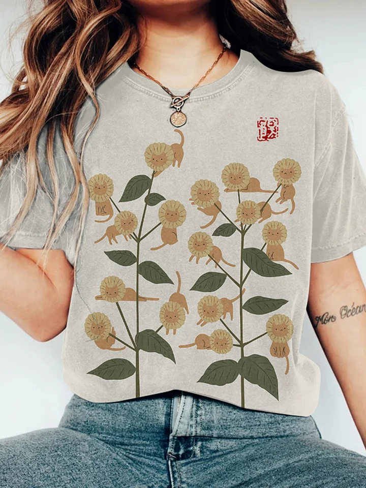 Abstract Creative Cute Sunflower Cat Painting Art T-Shirt