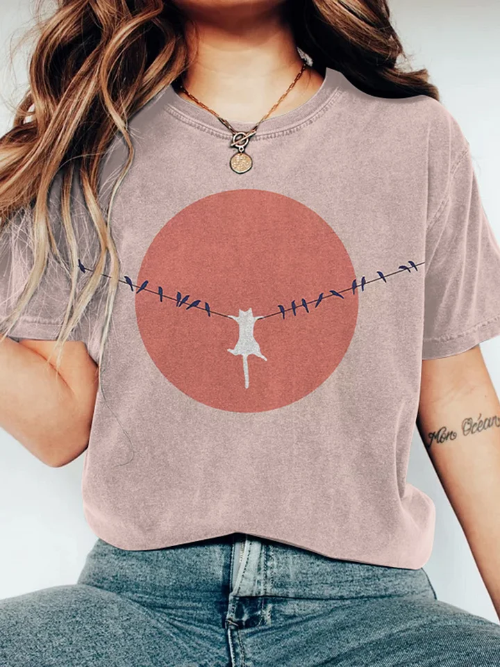 Abstract Creative Dangling Cute Cat Painting Art T-Shirt