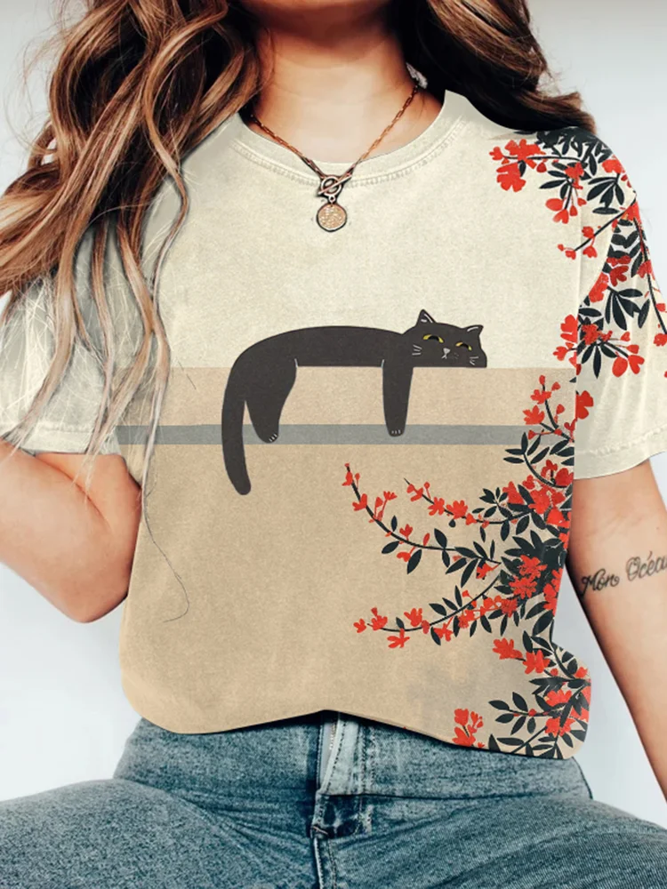 Abstract Creative Lazy Cat Lying On The Balcony Painting Art T-Shirt