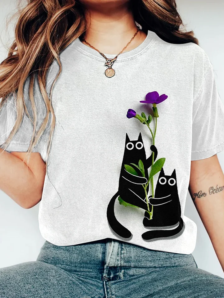 Art Floral Cute Cat Print Casual Round Neck T-Shirt