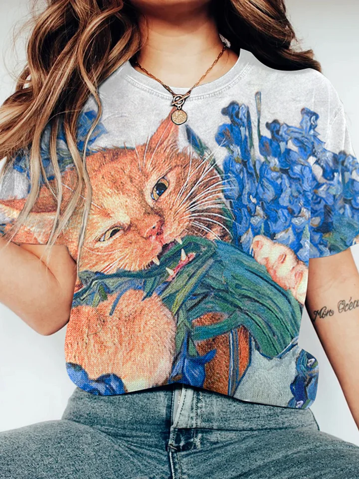 Art Oil Painting Van Gogh Floral And Cat Graphics Short Sleeve T-Shirt