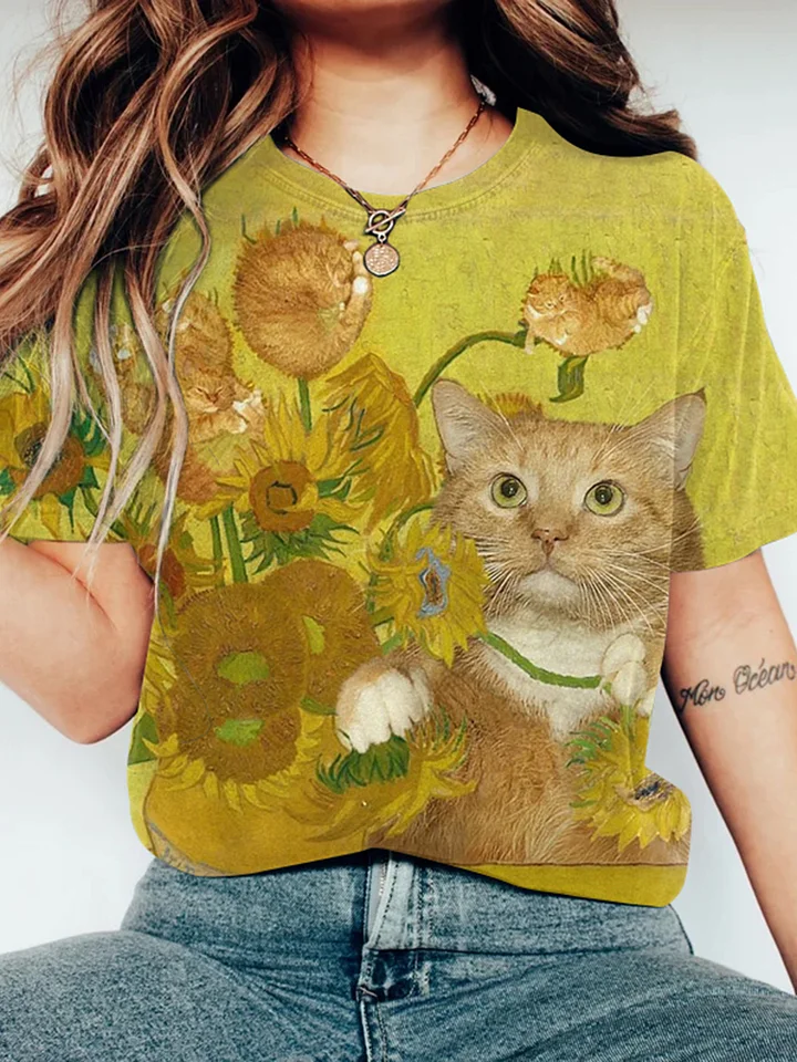Art Oil Painting Van Gogh Sunflower And Cat Graphics Short Sleeve T-Shirt