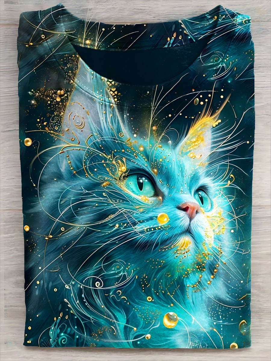Mysterious Cat Art Print Casual Short Sleeve T-shirt