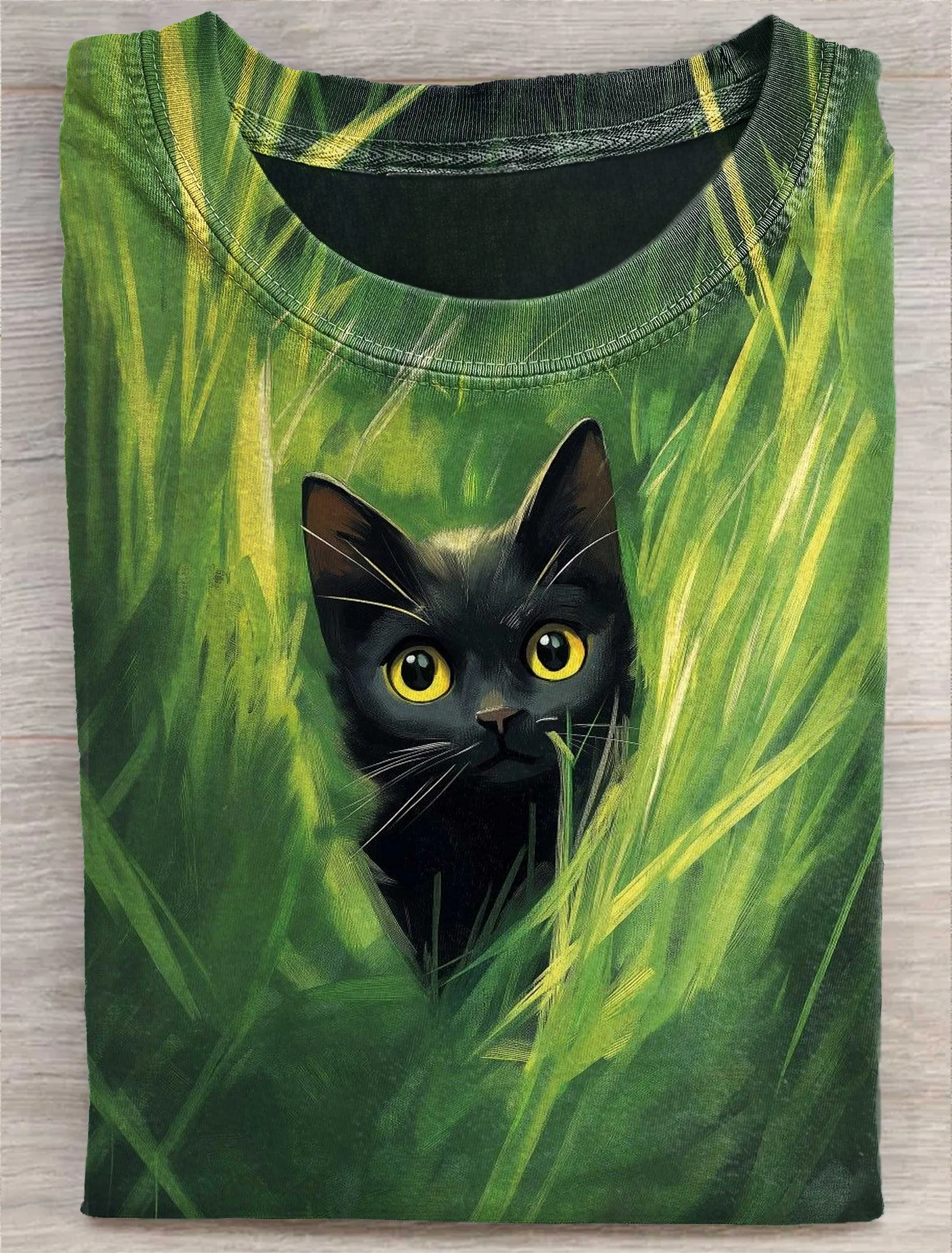 Black Cat In The Grass Art Print Casual Short Sleeve T-shirt