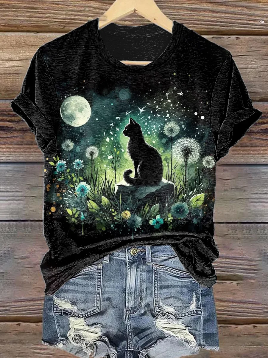 Black Cat Floral Art Print Crew Neck T-shirt 