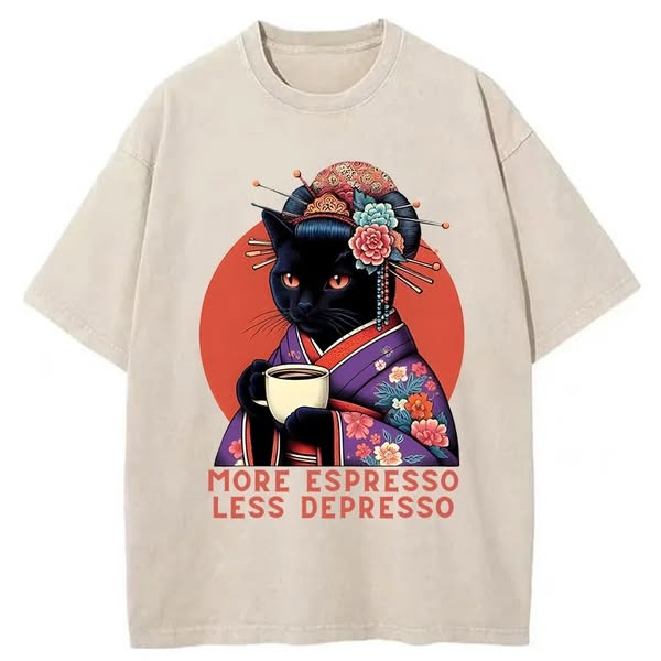 Chillteelab™ | Black Cat Geisha Drinking Coffee Washed T-Shirt