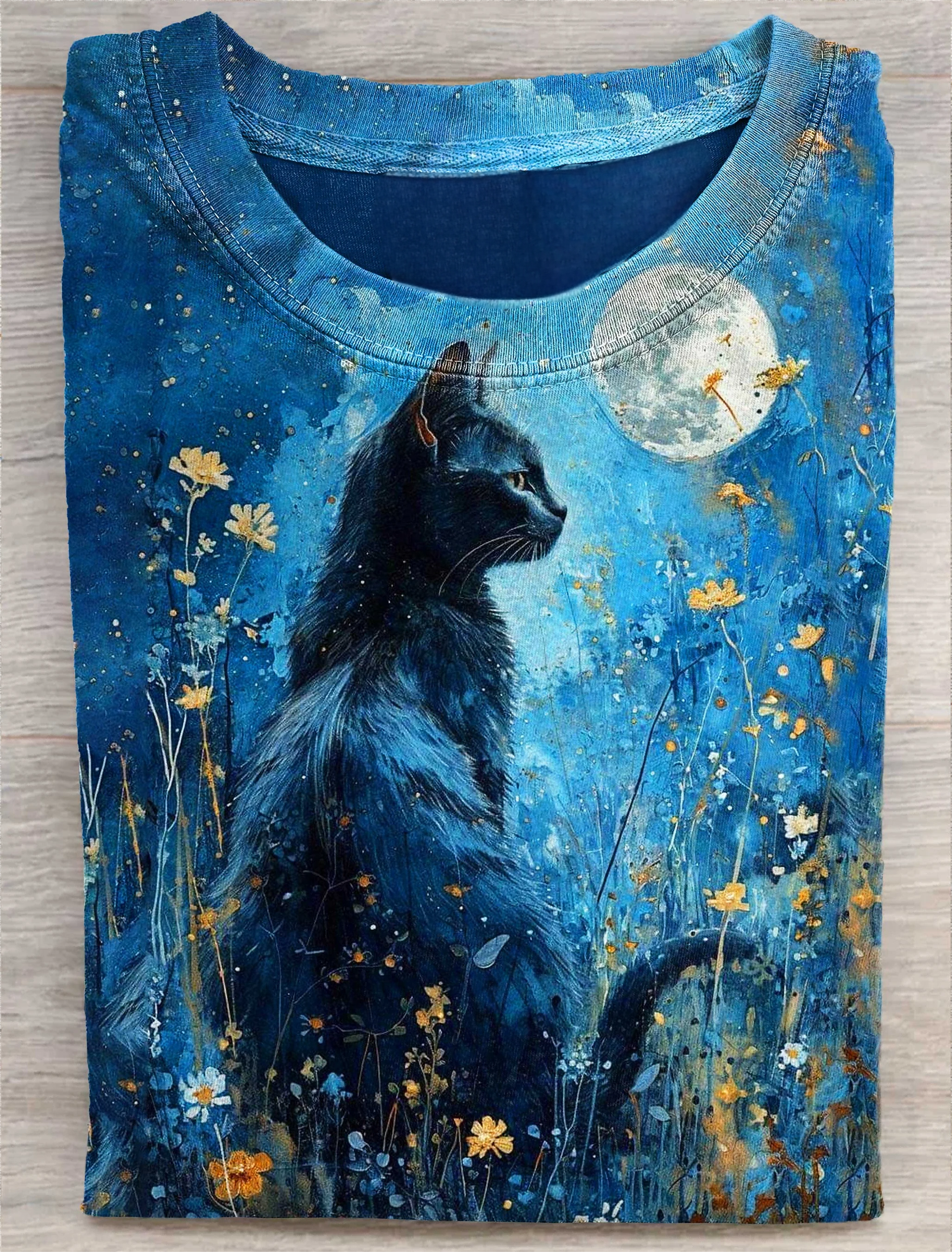 Black Cat In The Moonlight Art Print Casual Short Sleeve T-shirt