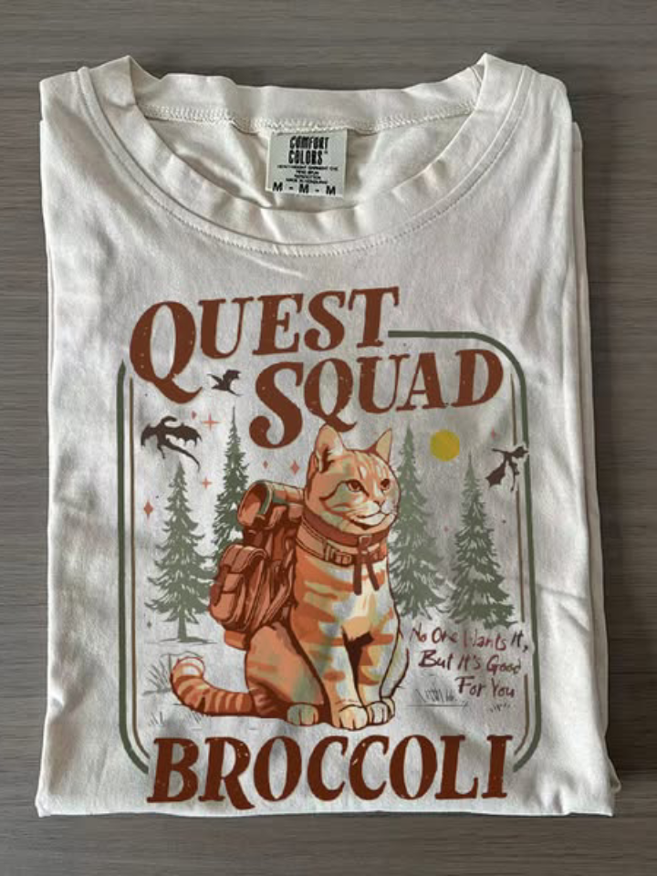 Broccoli Cat Art Print Casual T-shirt