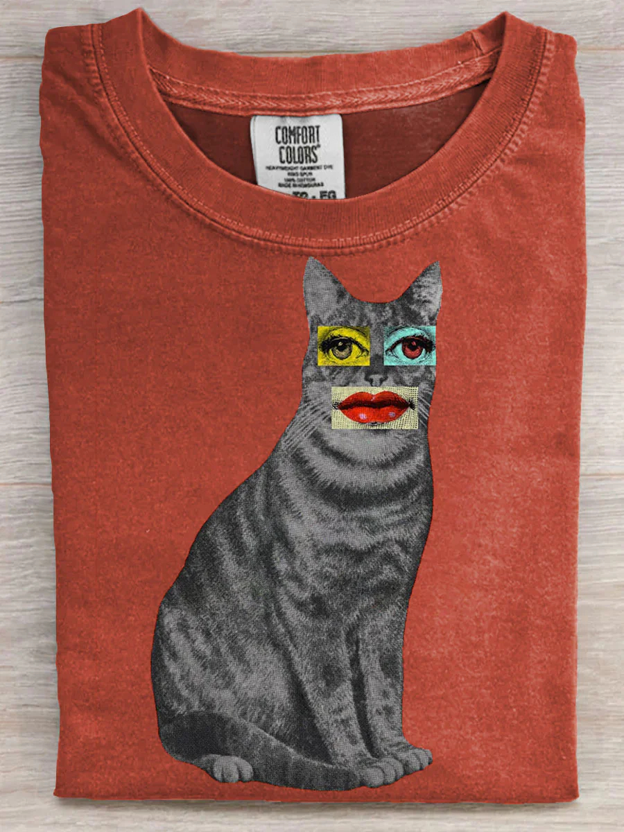 Cat Abstract Art Print Casual Short Sleeve T-shirt