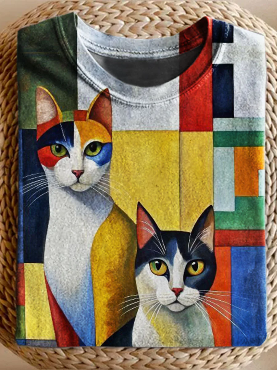 Abstract Cat Art Print Casual Short Sleeve T-shirt