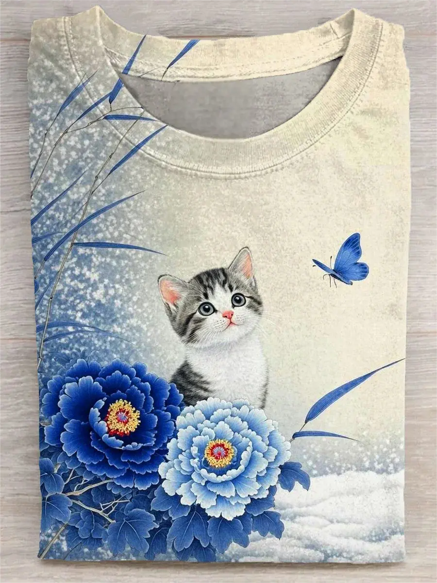 Cute Cat Floral Art Print Casual Short Sleeve T-Shirt