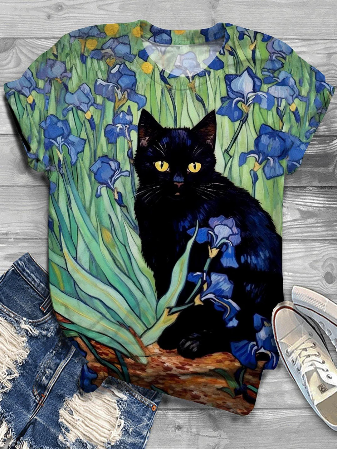 Black Cat Art Print Crew Neck T-shirt 