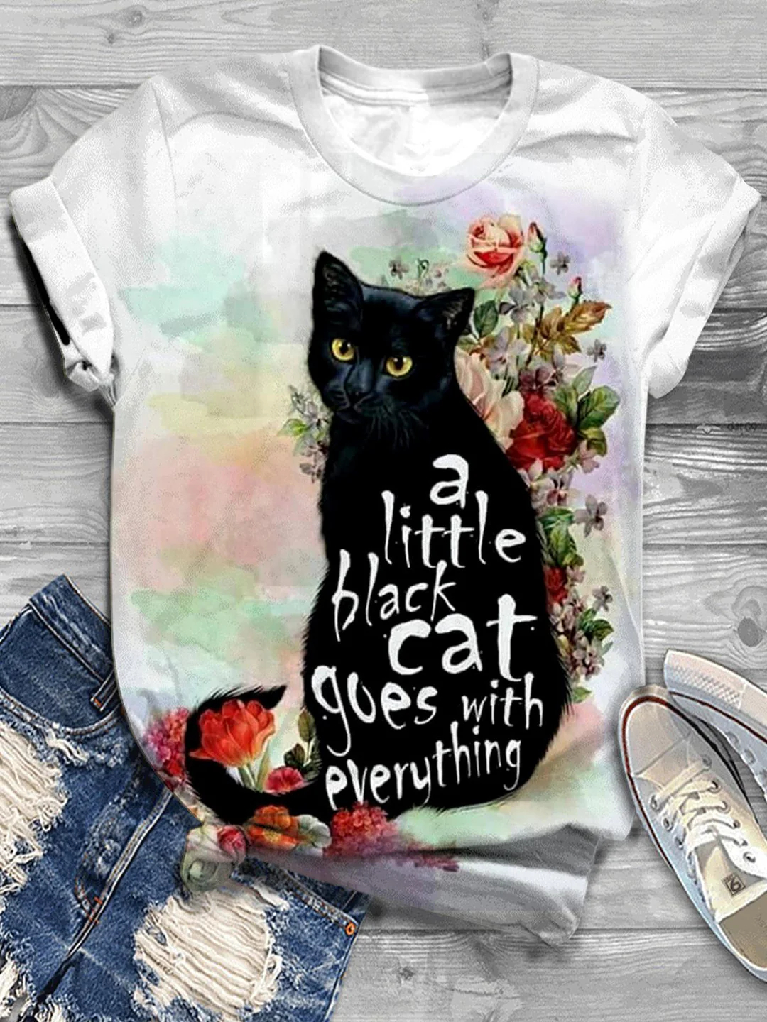 Black Cat Art Print Crew Neck T-shirt 