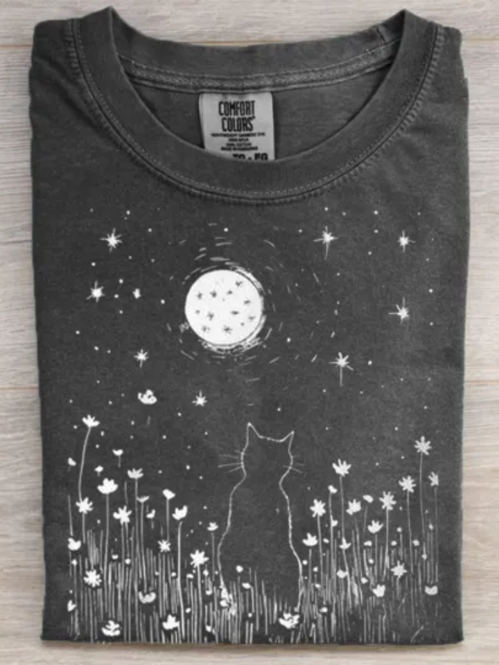 Cat Moon Art Print Casual T-shirt