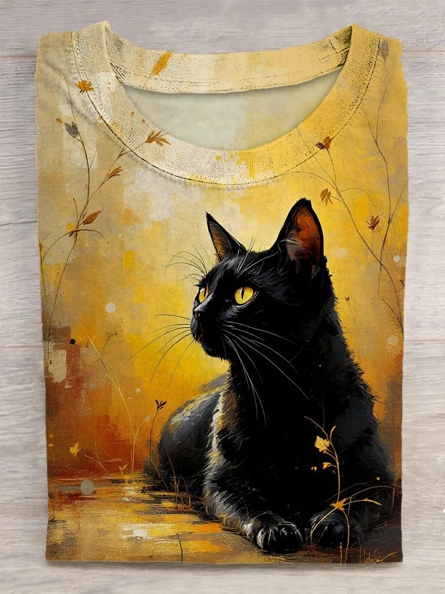Cat Printed Vintage Fashion Loose Short Sleeve T-Shirt