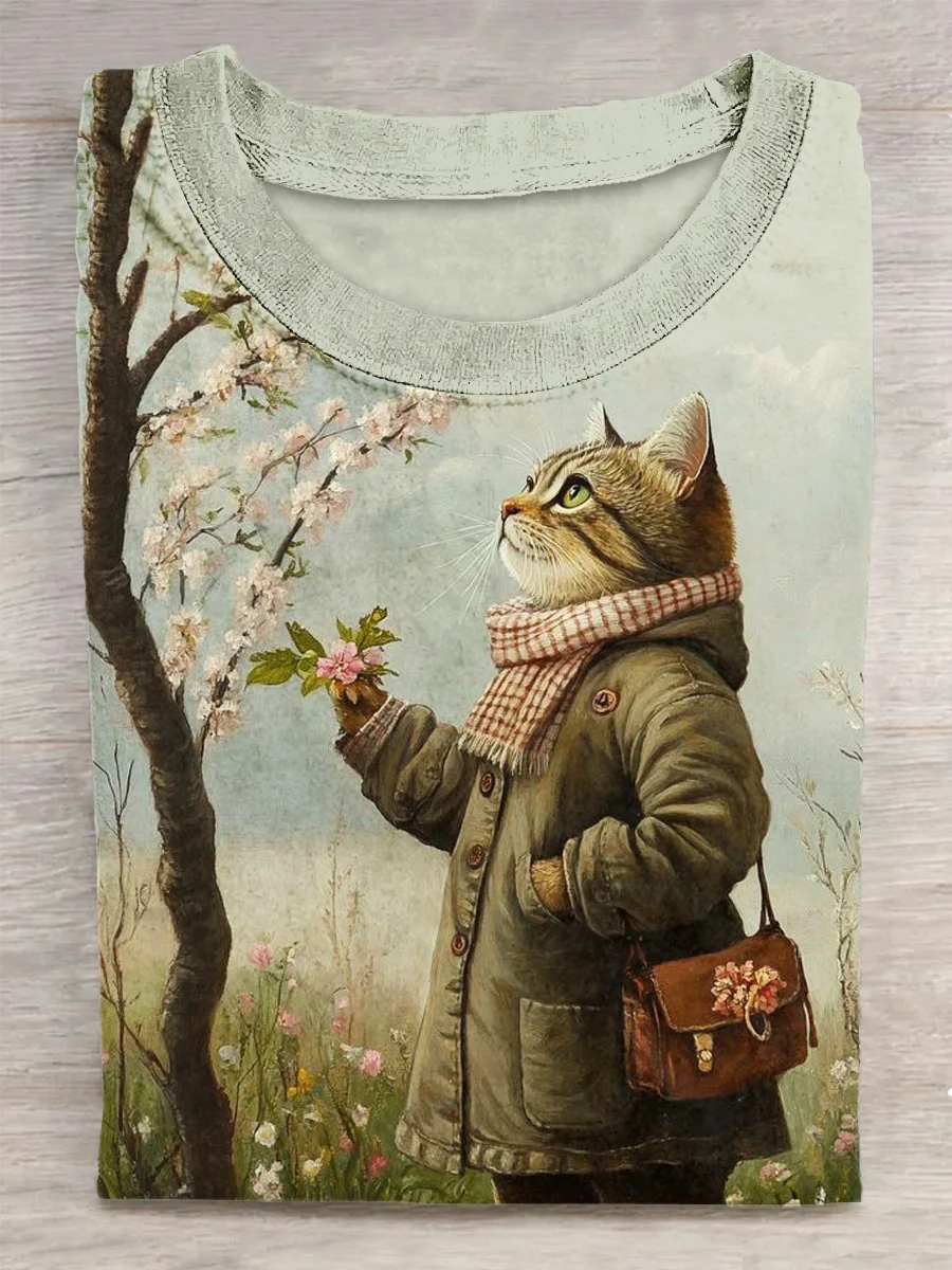 Cat Printed Vintage Fashion Loose Short Sleeve T-Shirt