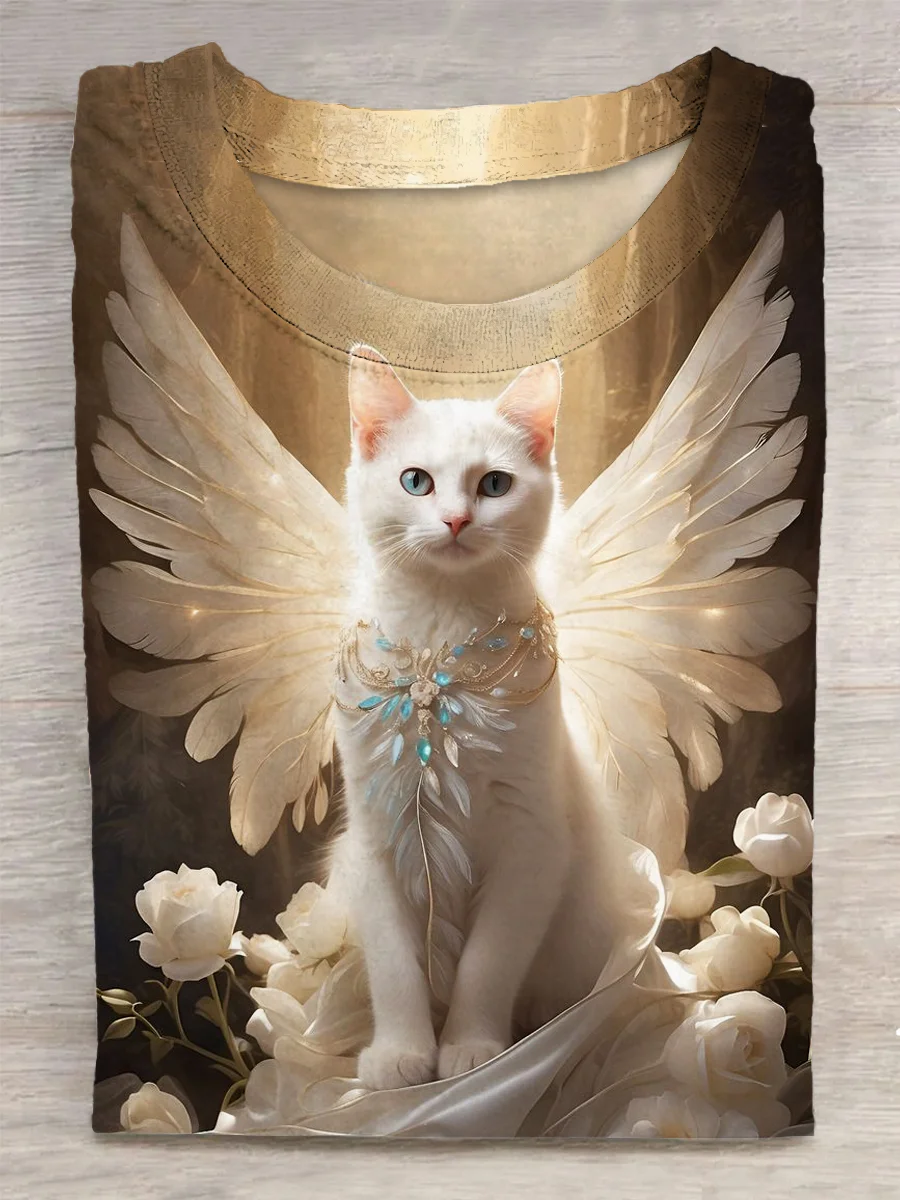 Angle Cat Vintage Art Print Casual Short Sleeve T-shirt