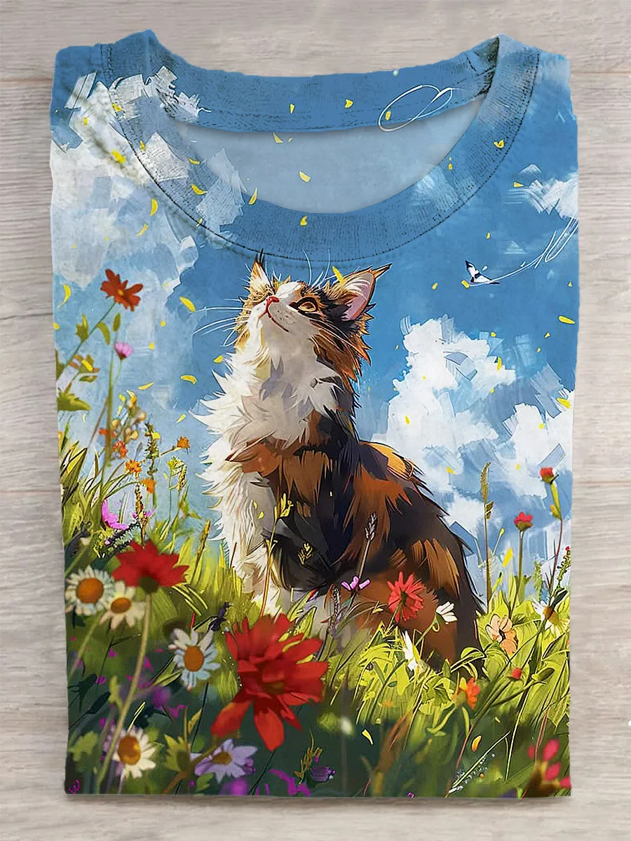 Cat Printed Vintage Fashion Loose Short Sleeve T-Shirt