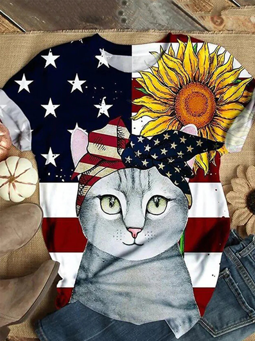 Cat Sunflower Flag Art Print Casual Short Sleeve T-shirt