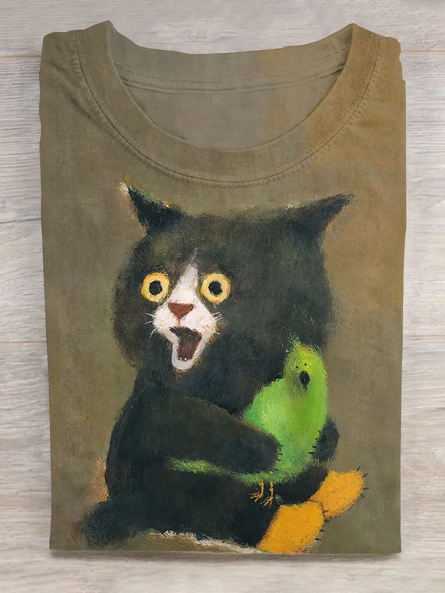 Cat With A Bird Art Print Casual T-shirt