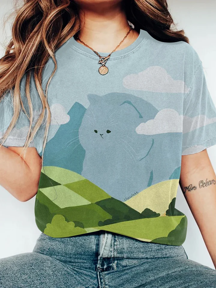Cloud Cat Print Round Neck Short Sleeve Casual T-Shirt