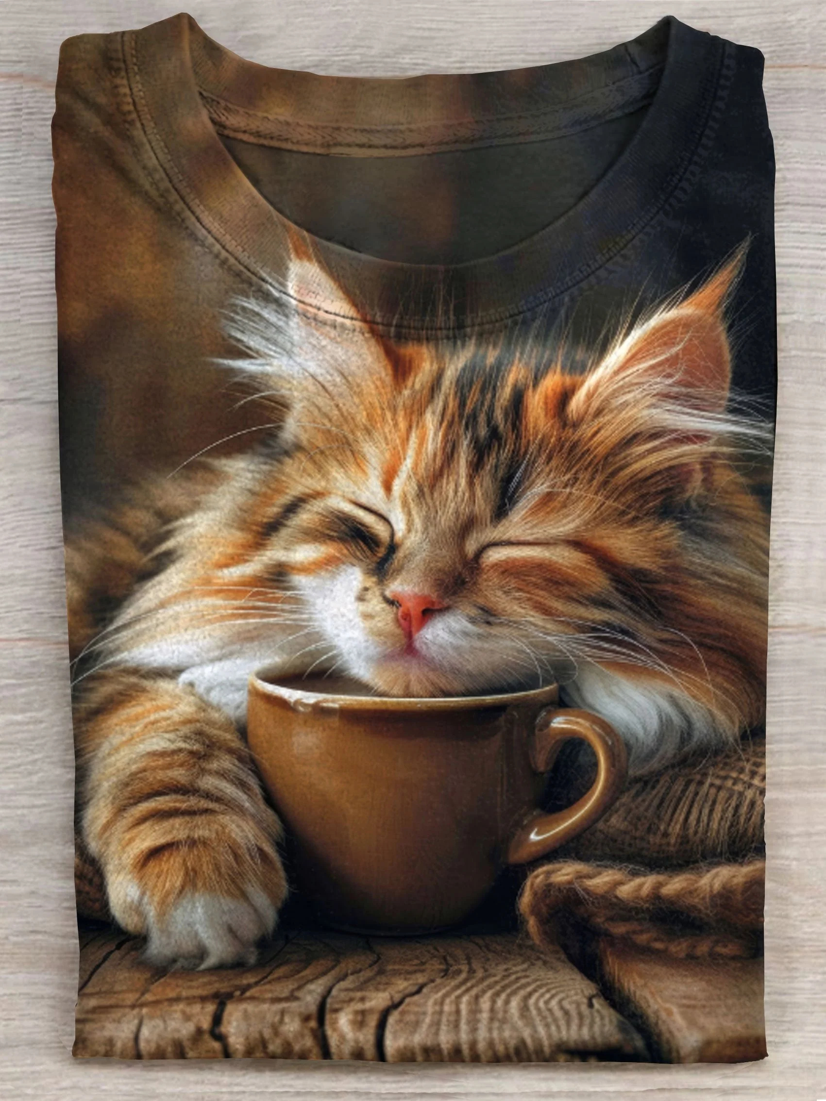 Coffee Cat Art Print Casual Short Sleeve T-shirt