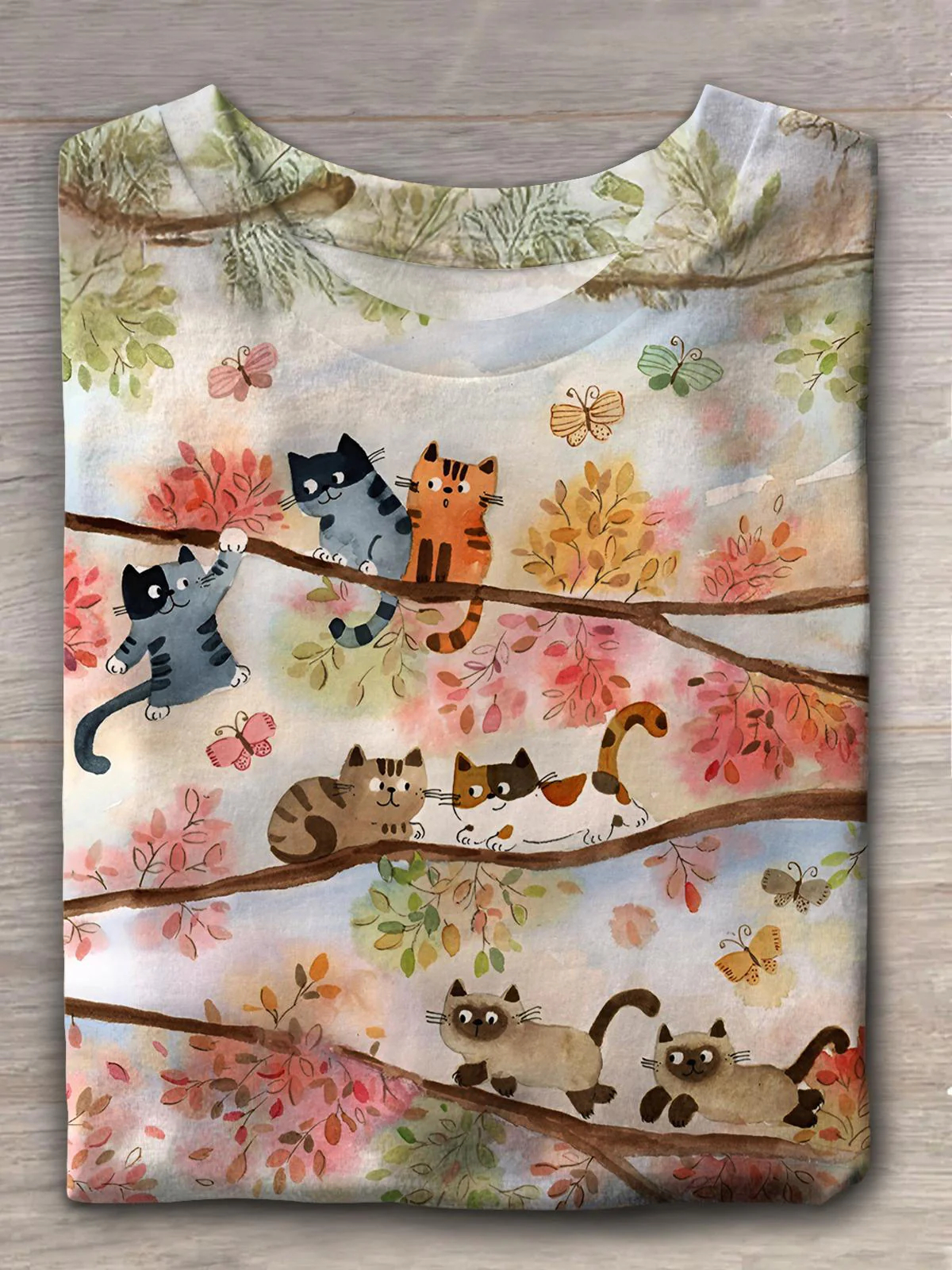 Cute Cats Playing Art Print Casual Short Sleeve T-shirt