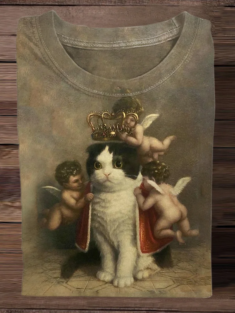 Cat And Angle Vintage Art Print Casual Short Sleeve T-shirt