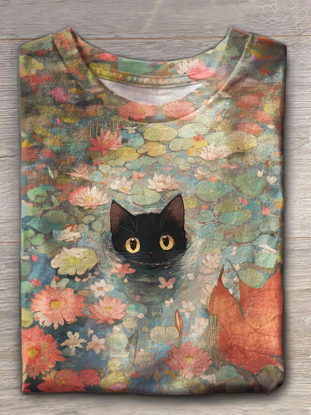 Cute Cat Floral Retro Art Print Casual T-shirt