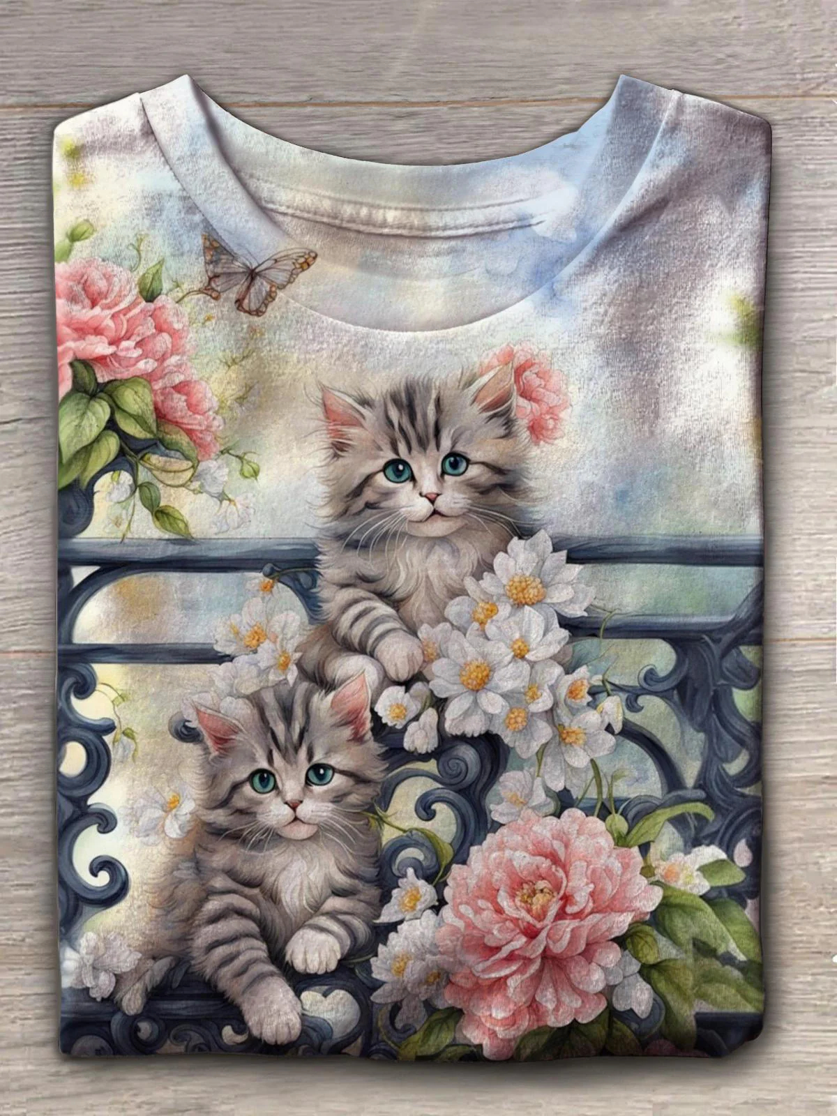 Cute Cat Floral Retro Crew Neck T-shirt