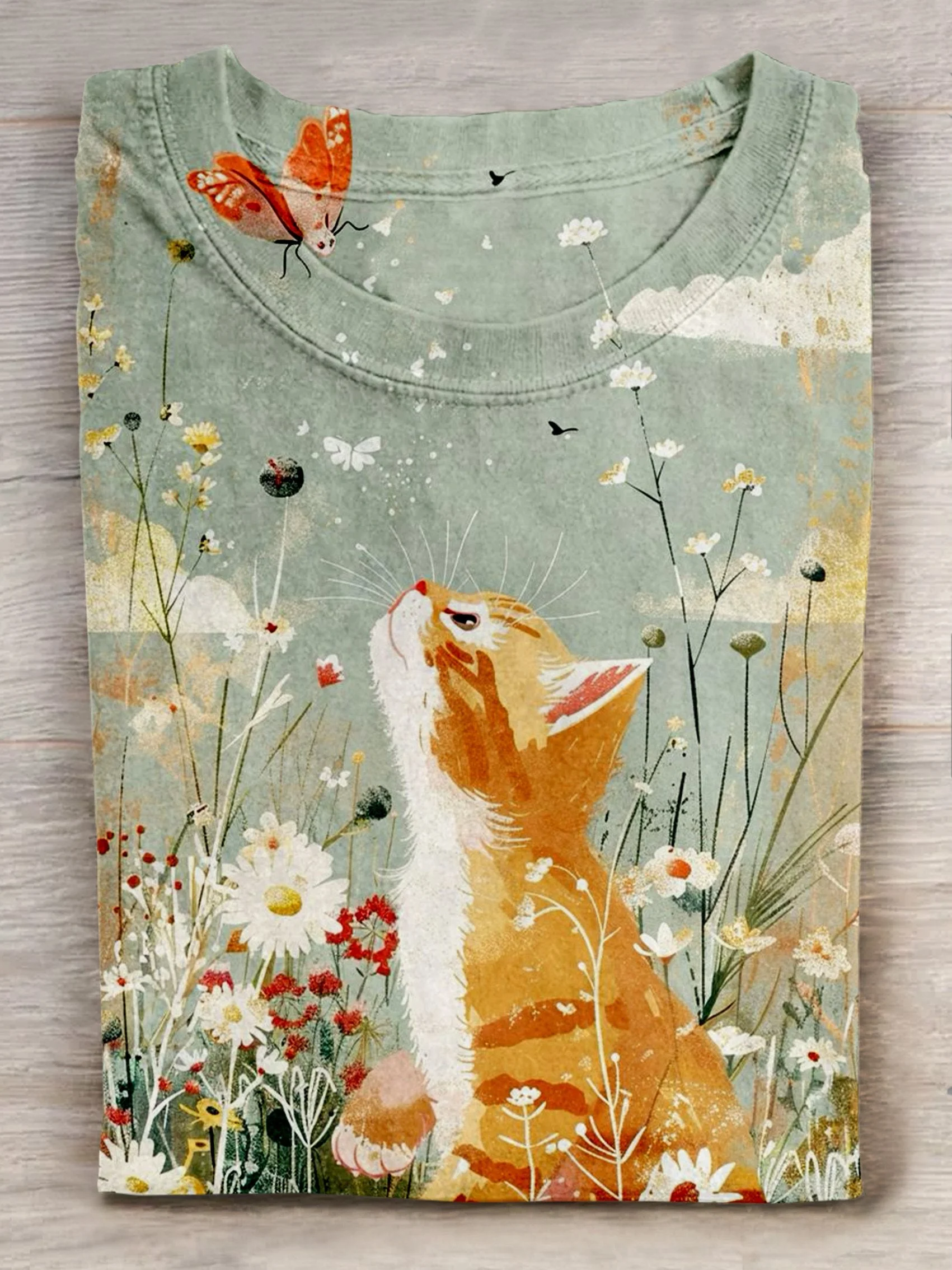 Cute Cat Floral Art Print Casual Short Sleeve T-Shirt