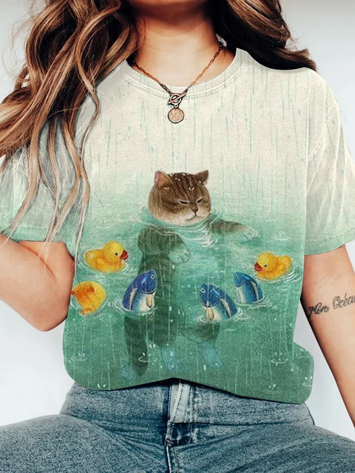 Cute Cat Print Round Neck Casual T-Shirt