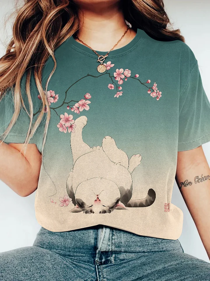 Cute Cat Print Short Sleeve T-Shirt