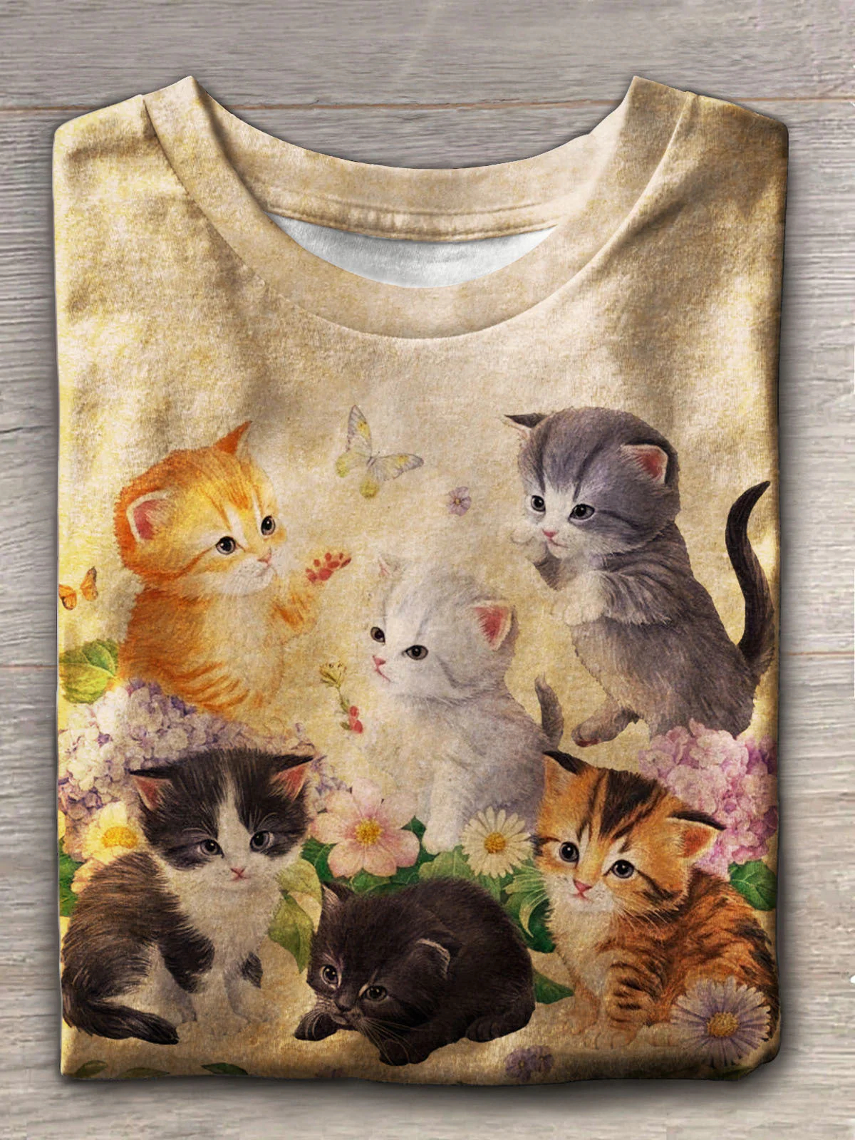 Cute Cats Retro Flowers Crew Neck T-shirt