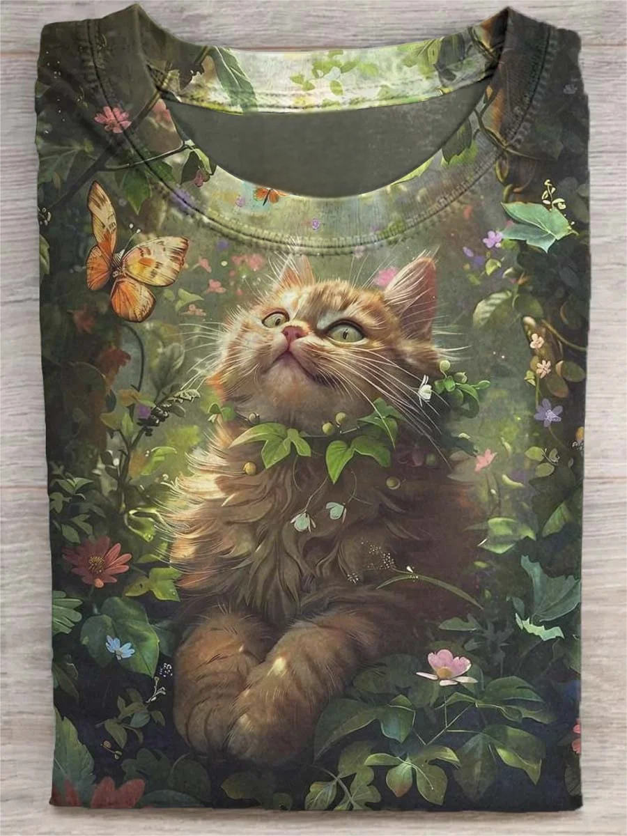 Cute Forest Cat Art Print Casual Short Sleeve T-shirt