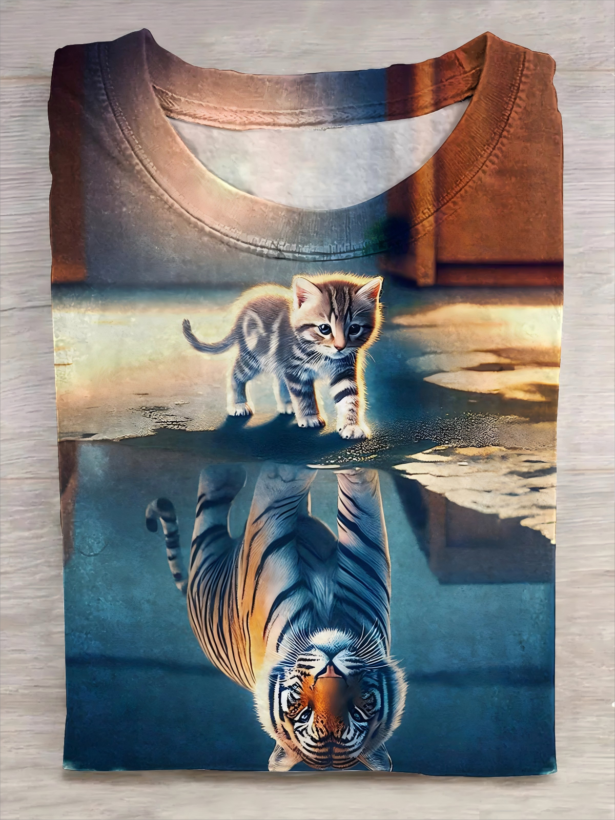 Cute Kitten Funny Reflection Art Print Casual Short Sleeve T-shirt