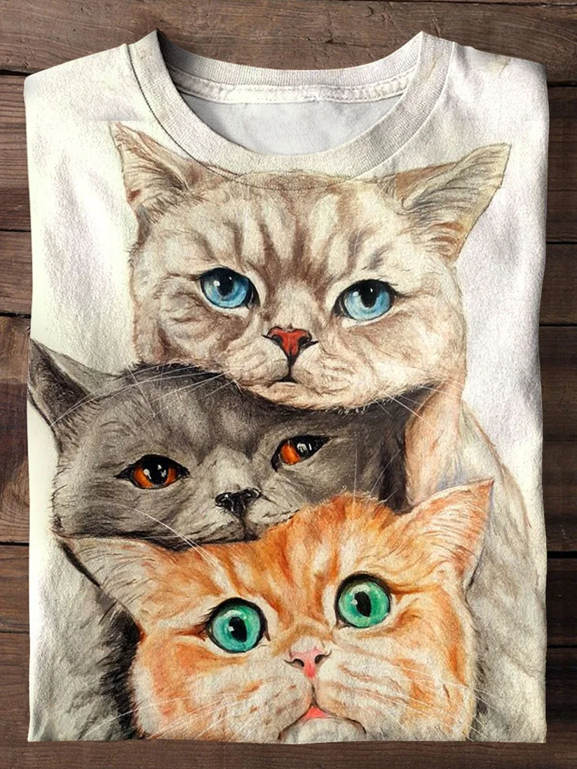Cute Kitty Art Print Casual Short Sleeve T-shirt