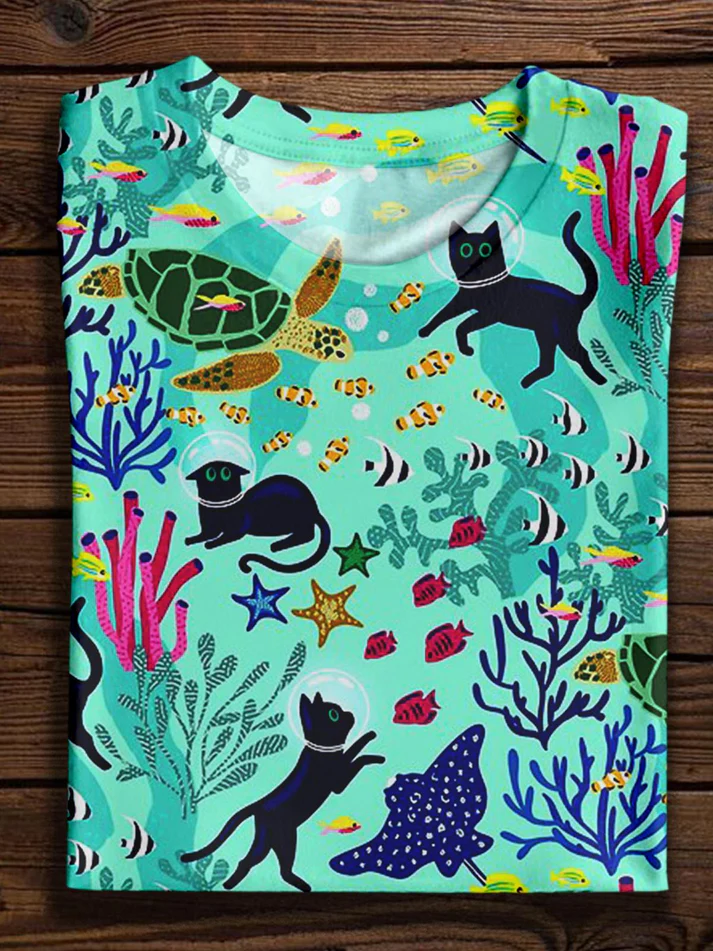 Diving Cat Art Print Casual Short Sleeve T-shirt